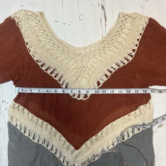 Crochet Tunic Top Shirt Sz M 100% Cotton Boho Color Block Long Slv Flowy Western - Picture 9 of 14